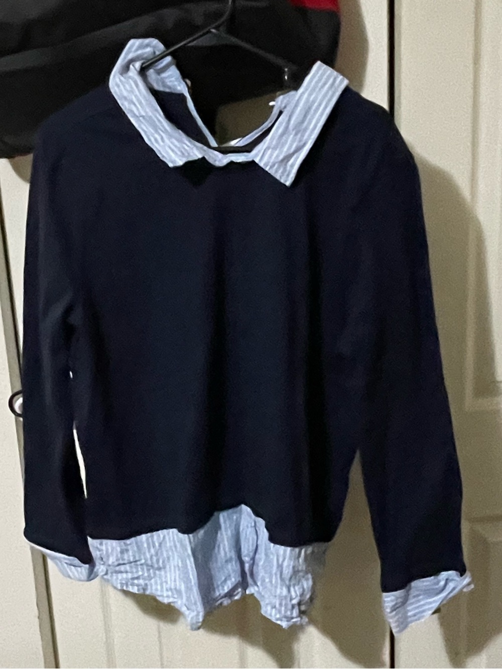 Ann Taylor Navy Pullover with Light Blue Striped Shirt Trim